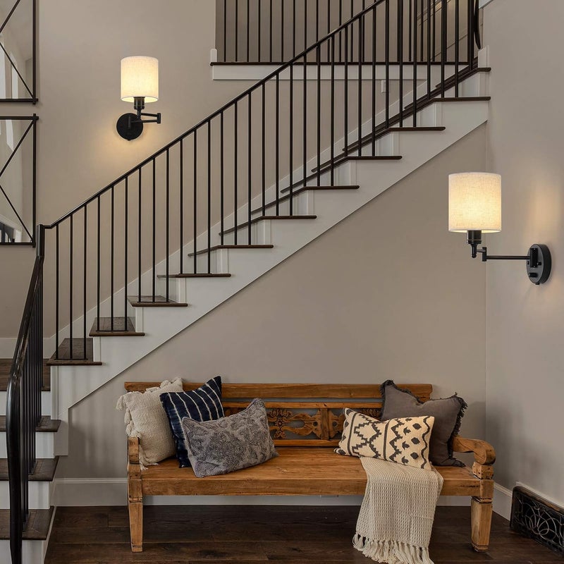 CADUKE Plug in Wall Light Set of 2, Swing Arm Wall Lamps, Modern Bedroom Wall Sconce Fixtures with Linen Lampshade for Reading Hallway Living Room - Image 2